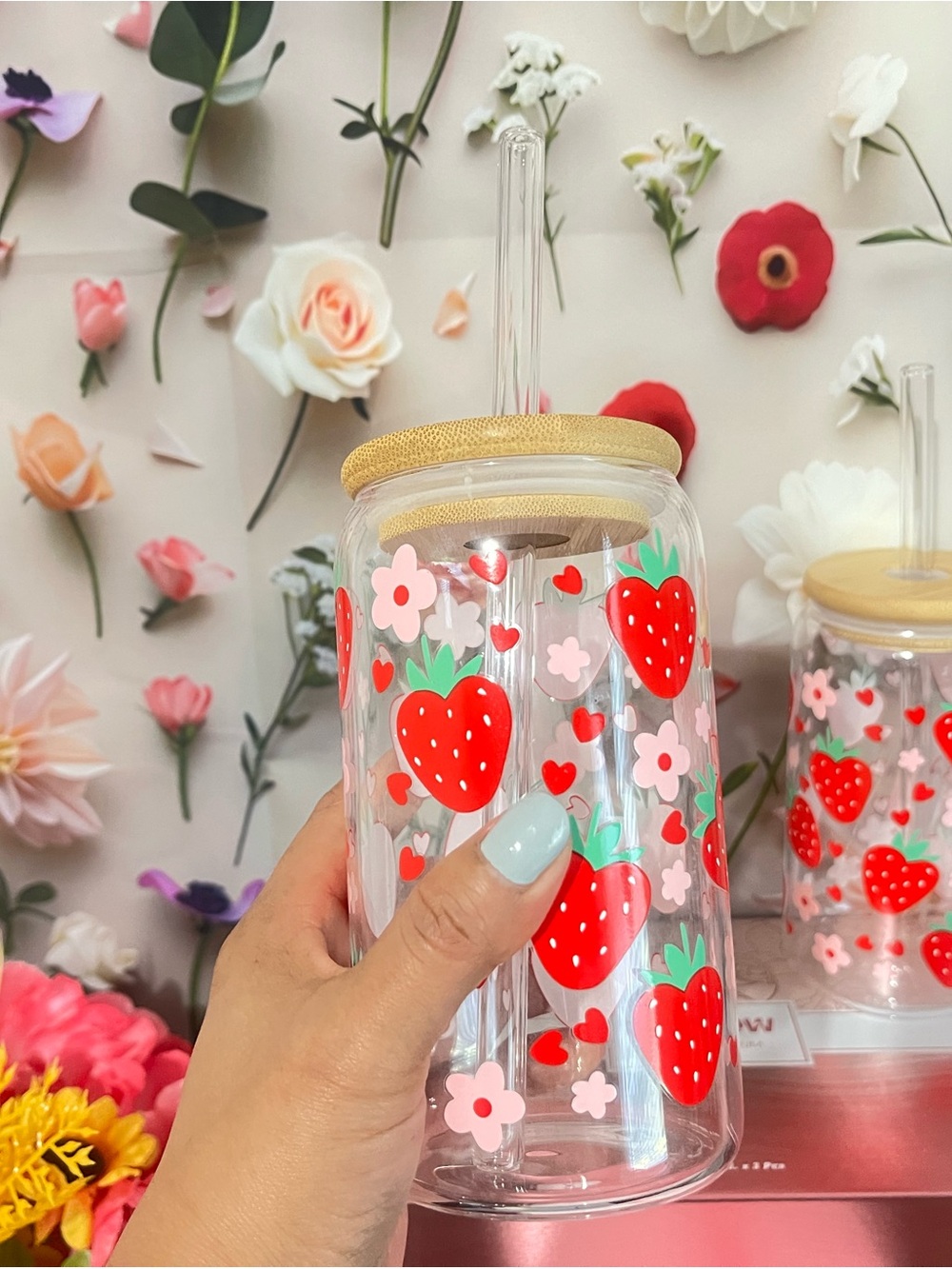 Strawberry Print Party Drink Tumbler with Straw - Pink & Red